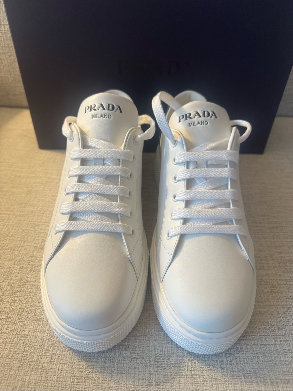 NWB Prada Platform White Black Logo Sneakers Lace Up Loafers Leather 40